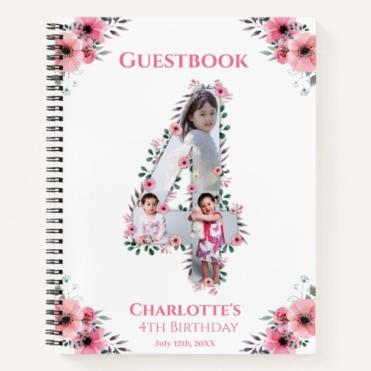 Big 4th Birthday Girl Foto roze flower Guest Book Notitieboek (Voorkant)