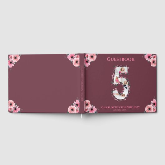 Big 5th Birthday Foto Collage Bloemenmeisje Pink Gastenboek (Volledig)