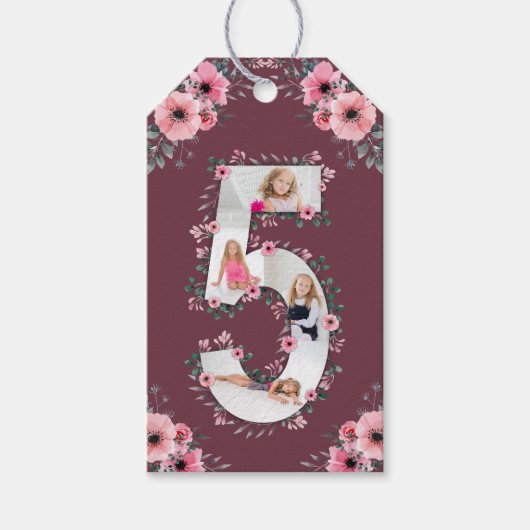 Big 5th Birthday Girl Foto Collage Pink Flower Cadeaulabel (Voorkant)