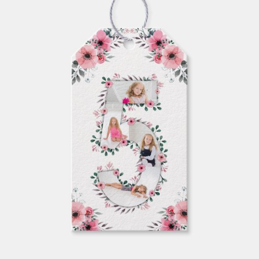 Big 5th Birthday Girl Foto Collage Pink Flower Cadeaulabel (Voorkant)