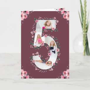Big 5th Birthday Girl Foto Collage Pink Flower Kaart