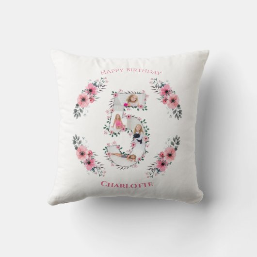 Big 5th Birthday Girl Foto Collage Pink Flower Kussen (Achterkant)