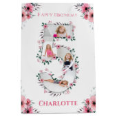 Big 5th Birthday Girl Foto Collage Pink Flower Medium Cadeauzakje (Voorkant)