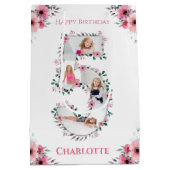Big 5th Birthday Girl Foto Collage Pink Flower Medium Cadeauzakje (Achterkant)