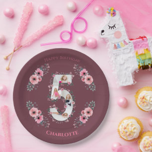 Big 5th Birthday Girl Foto Collage Pink Flower Papieren Bordje