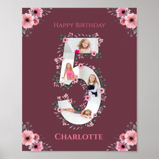 Big 5th Birthday Girl Foto Collage Pink Flower Poster (Voorkant)