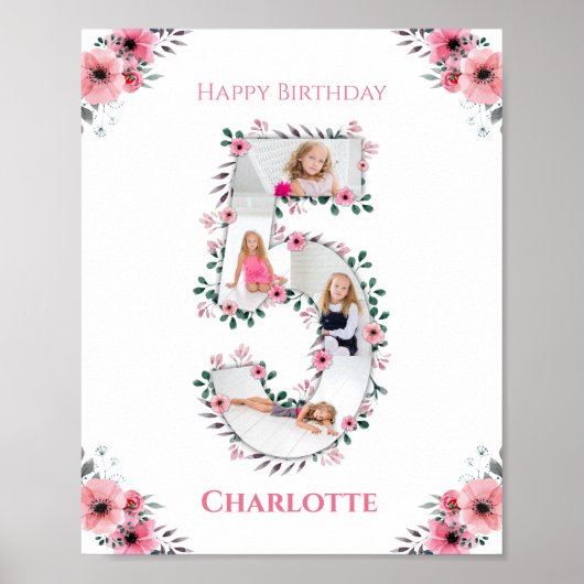 Big 5th Birthday Girl Foto Collage Pink Flower Poster (Voorkant)