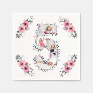 Big 5th Birthday Girl Foto Collage Pink Flower Servet