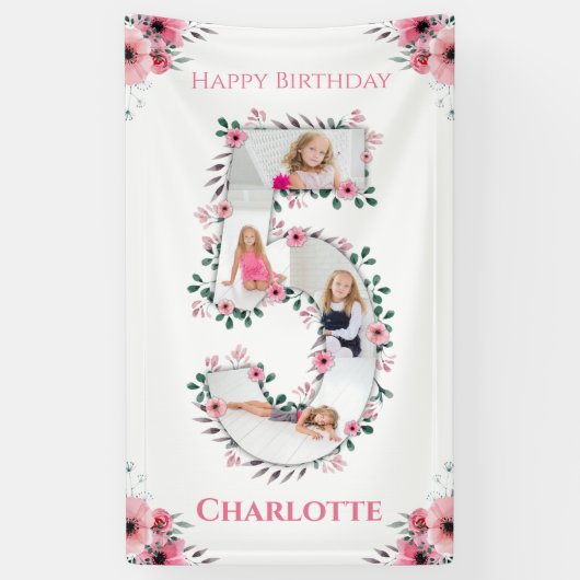 Big 5th Birthday Girl Foto Collage Pink Flower Spandoek (Verticaal)