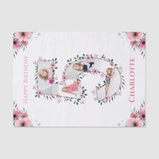 Big 5th Birthday Girl Foto Collage Pink Flower Tissuepapier (Voorkant)