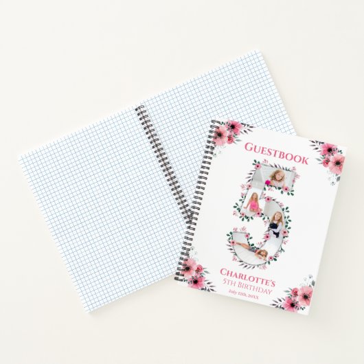 Big 5th Birthday Girl Foto roze flower Guest Book Notitieboek (Binnen)