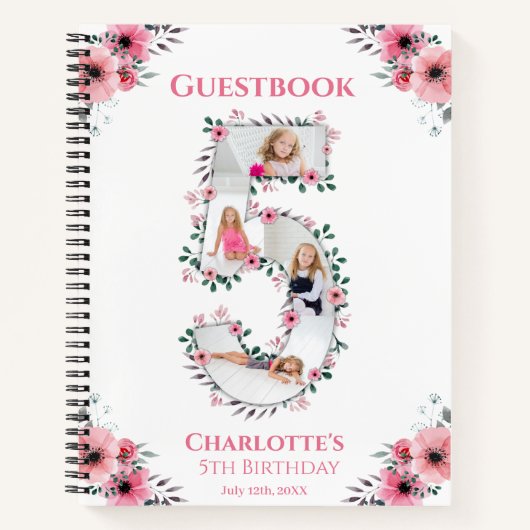 Big 5th Birthday Girl Foto roze flower Guest Book Notitieboek (Voorkant)