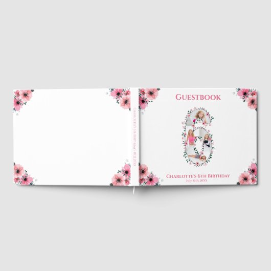 Big 6th Birthday Foto Collage Bloemenmeisje White Gastenboek (Volledig)