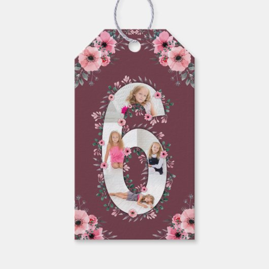 Big 6th Birthday Girl Foto Collage Pink Flower Cadeaulabel (Voorkant)