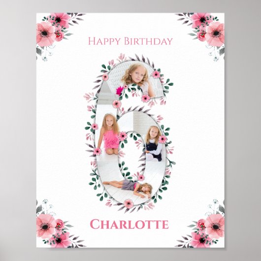 Big 6th Birthday Girl Foto Collage Pink Flower Poster (Voorkant)
