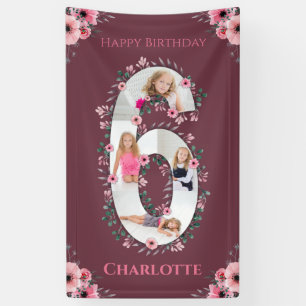 Big 6th Birthday Girl Foto Collage Pink Flower Spandoek