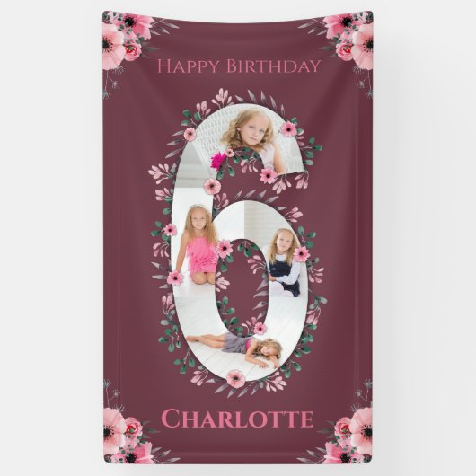 Big 6th Birthday Girl Foto Collage Pink Flower Spandoek (Verticaal)