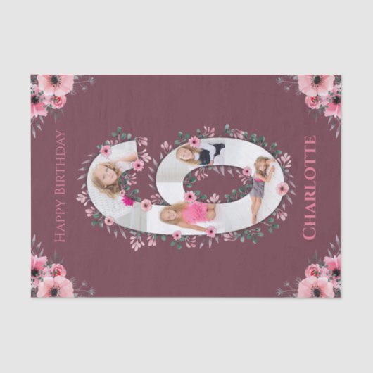 Big 6th Birthday Girl Foto Collage Pink Flower Tissuepapier (Voorkant)