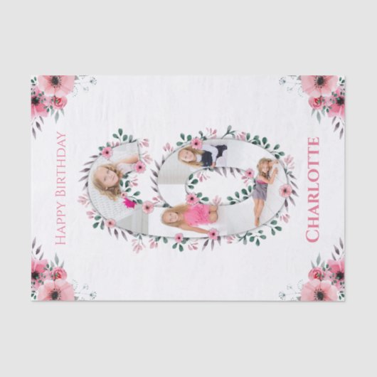 Big 6th Birthday Girl Foto Collage Pink Flower Tissuepapier (Voorkant)