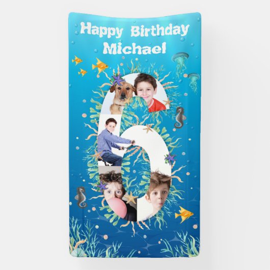 Big 6th Birthday under the Zee Photo Collage Spandoek (Verticaal)