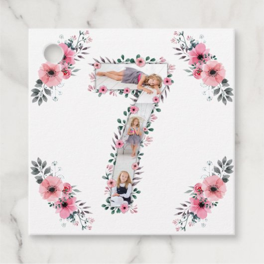 Big 7th Birthday Girl Foto Collage Pink Flower Bedankjes Labels (Voorkant)
