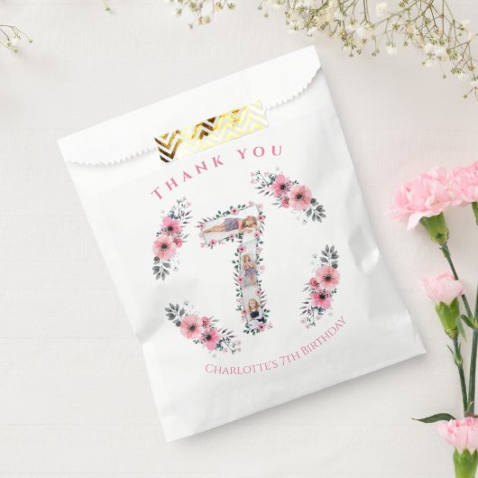 Big 7th Birthday Girl Foto Collage Pink Flower Bedankzakje (Gezegeld)