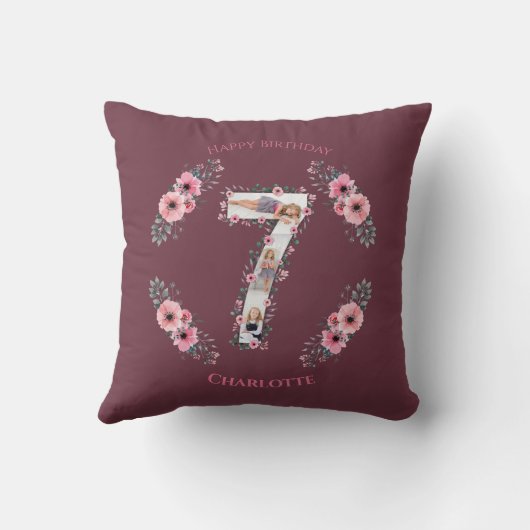 Big 7th Birthday Girl Foto Collage Pink Flower Kussen (Achterkant)