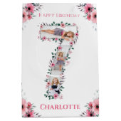 Big 7th Birthday Girl Foto Collage Pink Flower Medium Cadeauzakje (Voorkant)