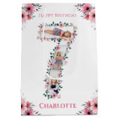 Big 7th Birthday Girl Foto Collage Pink Flower Medium Cadeauzakje (Achterkant)