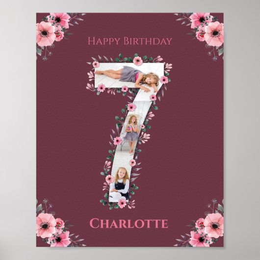 Big 7th Birthday Girl Foto Collage Pink Flower Poster (Voorkant)
