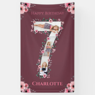 Big 7th Birthday Girl Foto Collage Pink Flower Spandoek