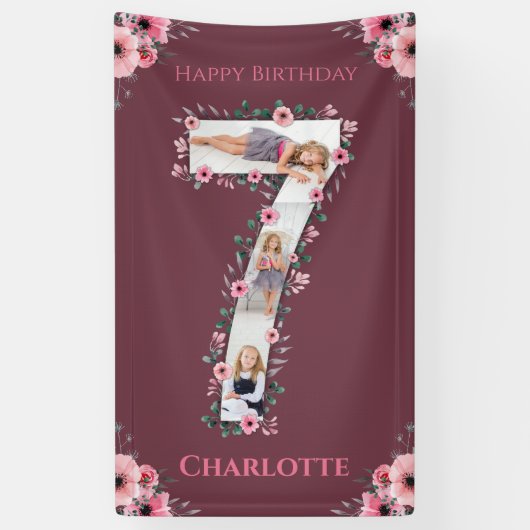 Big 7th Birthday Girl Foto Collage Pink Flower Spandoek (Verticaal)