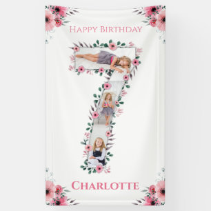 Big 7th Birthday Girl Foto Collage Pink Flower Spandoek