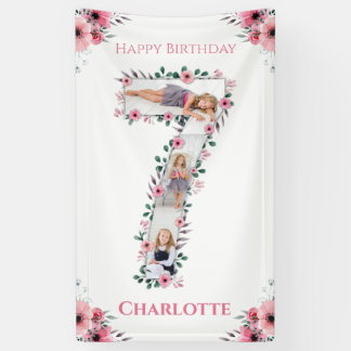 Big 7th Birthday Girl Foto Collage Pink Flower Spandoek