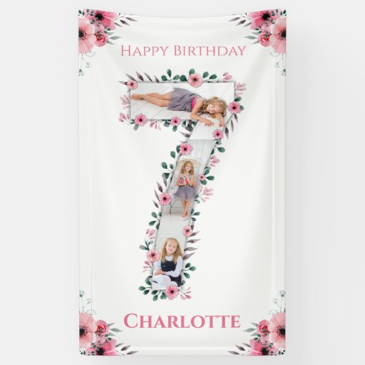 Big 7th Birthday Girl Foto Collage Pink Flower Spandoek (Verticaal)