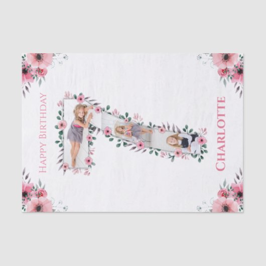 Big 7th Birthday Girl Foto Collage Pink Flower Tissuepapier (Voorkant)