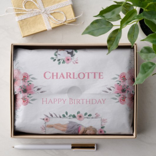 Big 7th Birthday Girl Foto Collage Pink Flower Tissuepapier (Geschenk)