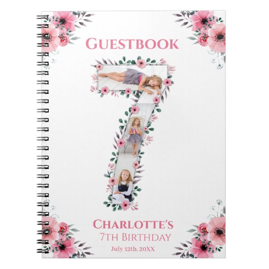 Big 7th Birthday Girl Foto roze flower Guest Book Notitieboek (Voorkant)