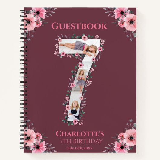 Big 7th Birthday Girl Foto roze flower Guest Book Notitieboek (Voorkant)