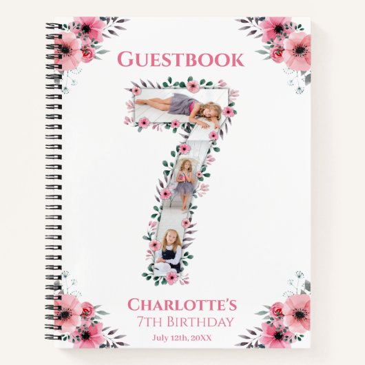 Big 7th Birthday Girl Foto roze flower Guest Book Notitieboek (Voorkant)