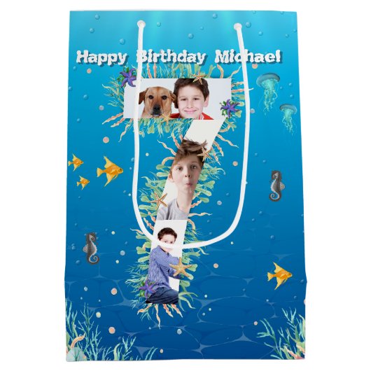 Big 7th Birthday Photo Collage under Zee Medium Cadeauzakje (Achterkant)