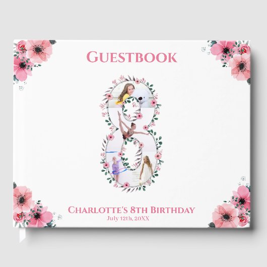 Big 8th Birthday Foto Collage Bloemenmeisje White Gastenboek (Voorkant)