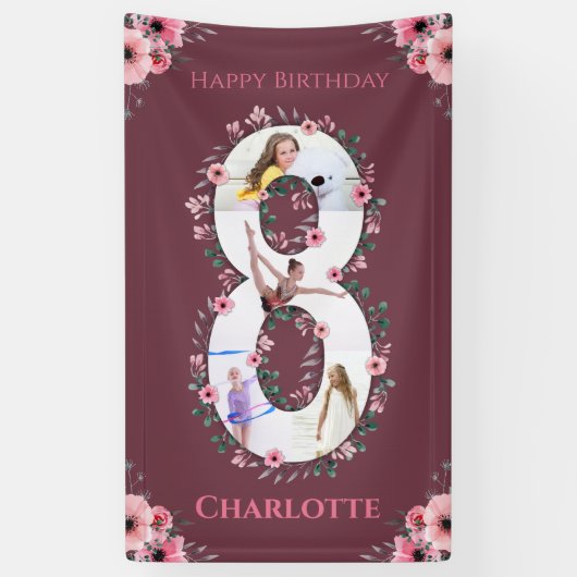 Big 8th Birthday Girl Foto Collage Pink Flower Ba Spandoek (Verticaal)