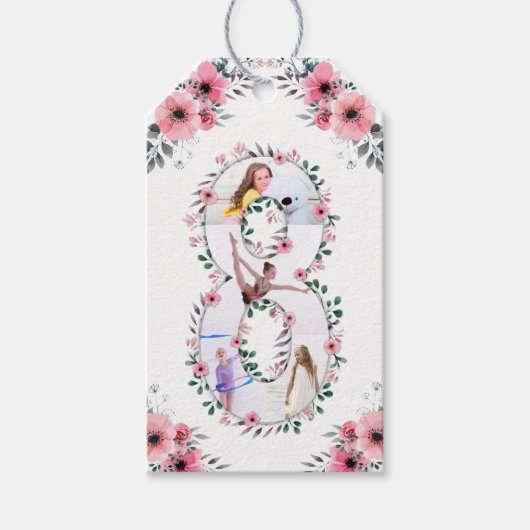 Big 8th Birthday Girl Foto Collage Pink Flower Cadeaulabel (Voorkant)