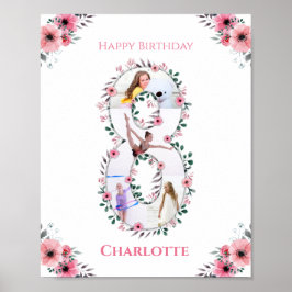 Big 8th Birthday Girl Foto Collage Pink Flower Poster