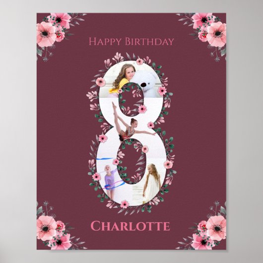 Big 8th Birthday Girl Foto Collage Pink Flower Poster (Voorkant)
