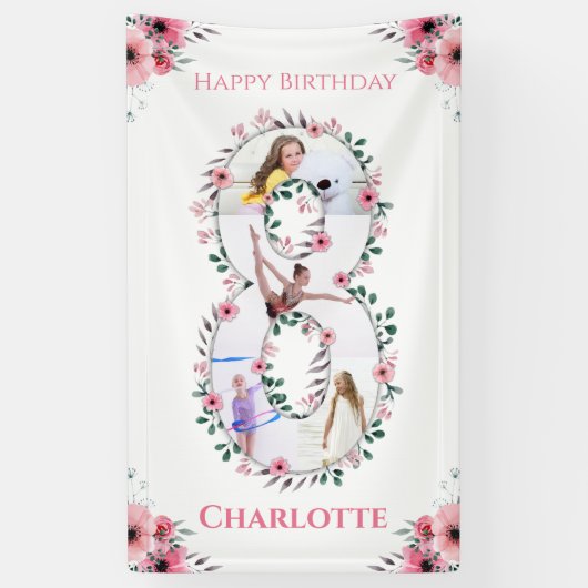 Big 8th Birthday Girl Foto Collage Pink Flower Spandoek (Verticaal)