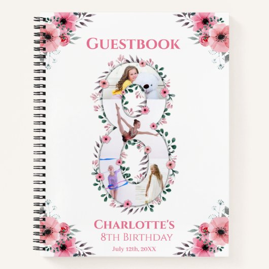 Big 8th Birthday Girl Foto roze flower Guest Book Notitieboek (Voorkant)