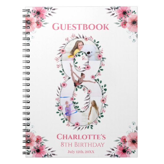 Big 8th Birthday Girl Foto roze flower Guest Book Notitieboek (Voorkant)
