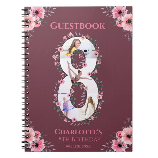 Big 8th Birthday Girl Foto roze flower Guest Book Notitieboek (Voorkant)